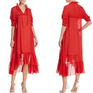 Sandro Joy Rouge Ecarlat Ruffled Midi Dress Red S